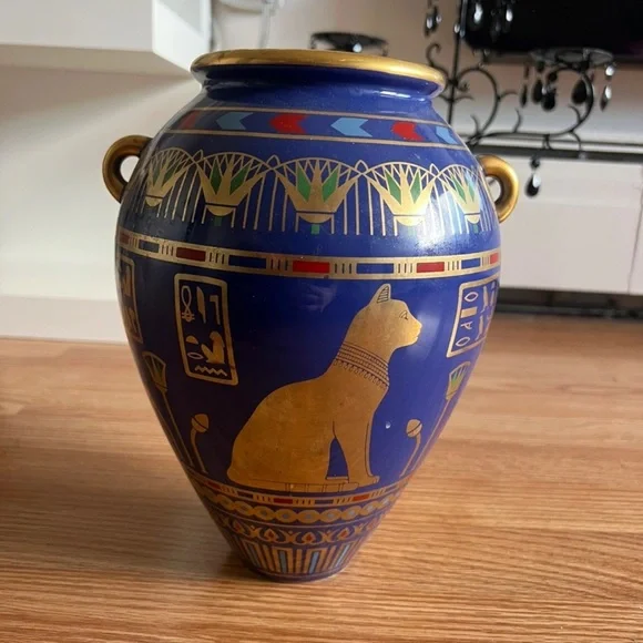24kt gold Egyptian Motif Blue & Gold Decorative Urn Vase - Picture 1 of 5